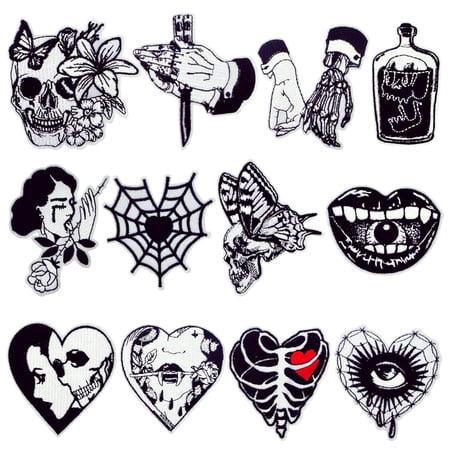 12 PCS Goth Embroidered Iron-On Patches for Clothes Gothic Horror Hand Finger Heartbones Cobweb Sewing Appliques Repair Patch for DIY Clothes Hat Backpack Jeans Jackets Decor