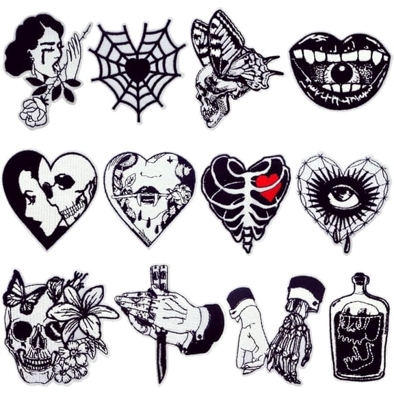 12 PCS Goth Embroidered Iron-On Patches for Clothes Gothic Horror Hand Finger Heartbones Cobweb Sewing Appliques Repair Patch for DIY Clothes Hat Backpack Jeans Jackets Decor