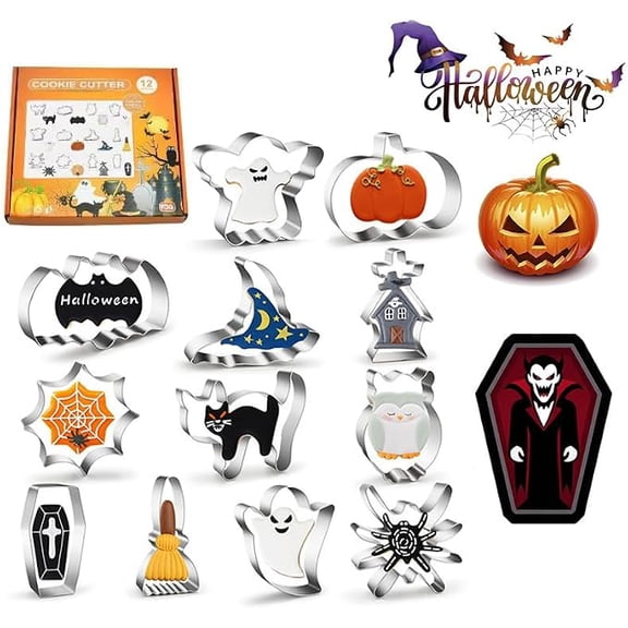 12 PCS Halloween Cookie Cutters Set Stainless Steel Pumpkin Ghost Bat Witch Hat Shapes for Baking and Party Treats Graveyard and Skull Stainless Steel