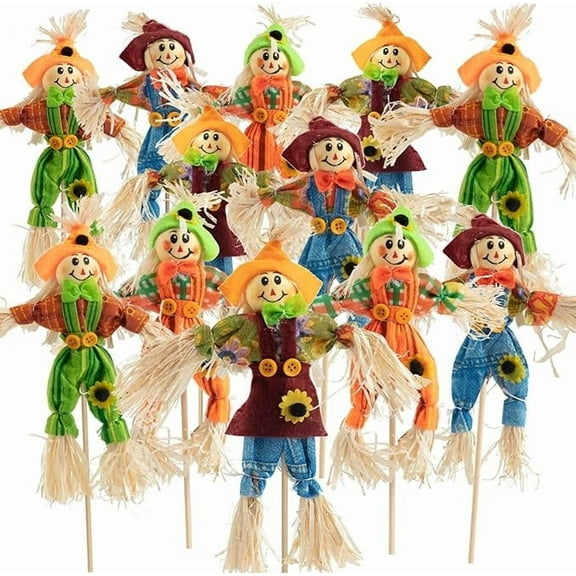 12 PCS Halloween Scarecrow Decoration Outdoor, Fall Harvest Scarecrow Decor, 13.4" Standing Scarecrow Decorations for Garden, Home, School, Yard, Porch, Thanksgiving Décor