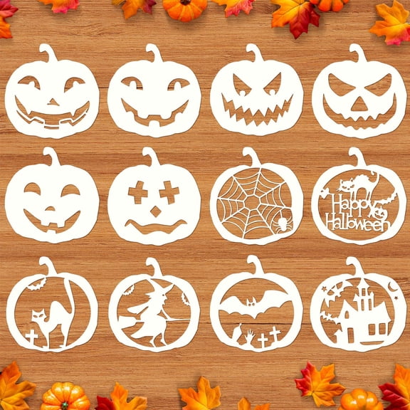 12 PCS Halloween Stencils, 8 Inch Pumpkin Face Stencils for Carving, Reusable Plastic Large Halloween Templates for Painting on Wood DIY Pumpkin Crafts Wall Fabrics Window Hallowmas Art Decor