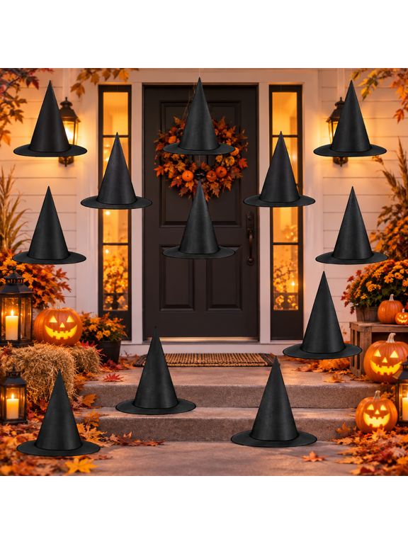 12 PCS Halloween Witch Hats Black Hanging Witch Hats with 2 Pack 5mm 157FT for Nylon Cord Wizard Hats Indoor Outdoor Halloween Decorations