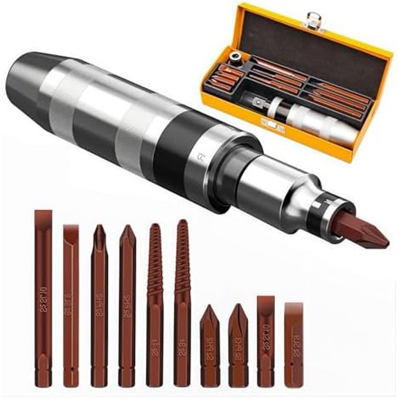 12 PCS Hammer Impact Screwdriver Set with S2 Alloy Steel Bits, Manual Hand Impact Driver, Destornillador de Impacto, Desarmador de Golpe, Includes Broken Bolt and Rust Screw Extractors