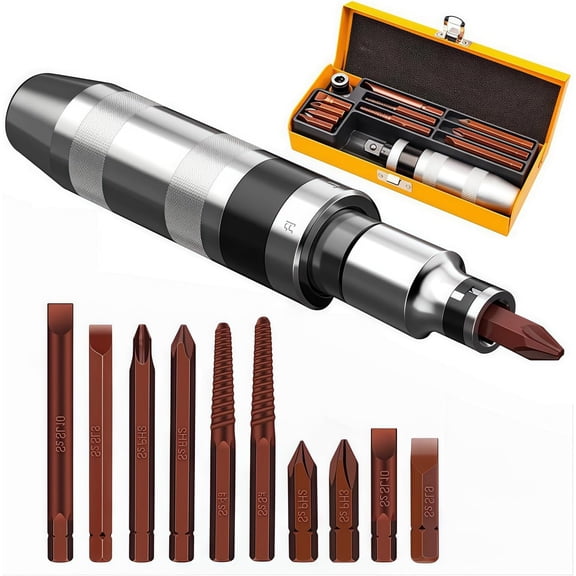12 PCS Hammer Impact Screwdriver Set with S2 Alloy Steel Bits, Manual Hand Impact Driver, Destornillador de Impacto, Desarmador de Golpe, Includes Broken Bolt and Rust Screw Extractors