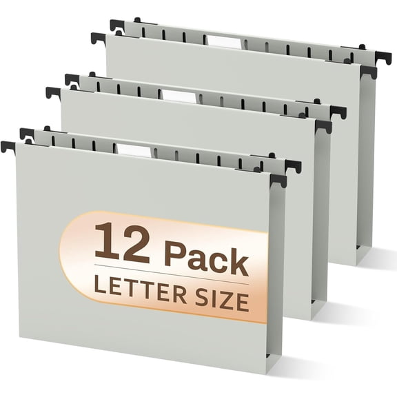 12 PCS Hanging File Folders Letter Size, Plastic Hanging Folders, Extra Capacity 2 Inch Heavy Duty Reinforced Grey Hanging Files Filing Cabinet Folders Letter Size for/Bulk Files/Medical Charts