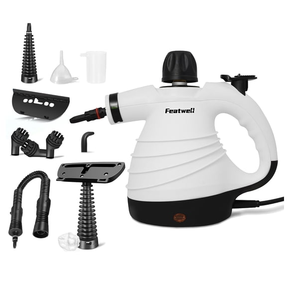 Featwell 12-PCS Deluxe Handheld Pressurized Steam Cleaner - Multi-Surface Steamer for Home, Car, Floor, and Furniture with Safety Lock - 350ML Large Water Tank, 1050W Powerful Hot Steam