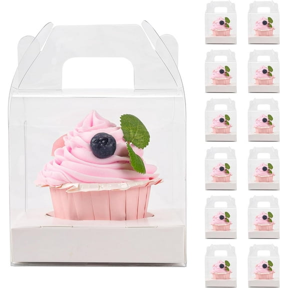 12 PCS Individual Cupcake Containers Single Cupcake Boxes with Handle and Inserts Clear Plastic Favor Boxes