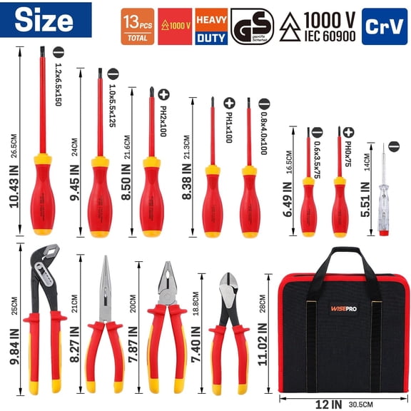 12 PCS Insulated Electrician Pliers & Screwdriver Set, 1000V Electrical Tool Kit with Storage