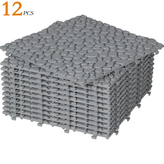 12 PCS Interlocking Deck Tiles 12" x 12", Plastic Patio Tiles Outdoor Flooring Deck Tiles, Waterproof Outdoor All Weather, Floor Tiles for Balcony Backyard Indoor Outdoor, Gray(Pebble Stone Pattern)