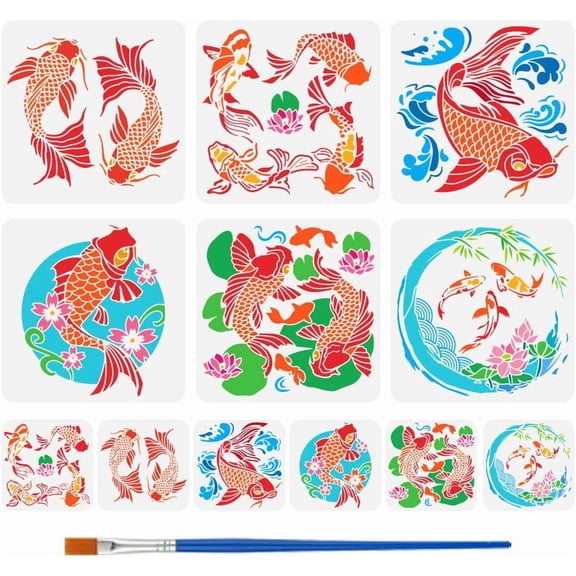 12 PCS Koi Fish Painting Stencil with 1 Pc Paint Brush Reusable 12 Styles Decorative Fish Stencil Orient Lucky Koi Template