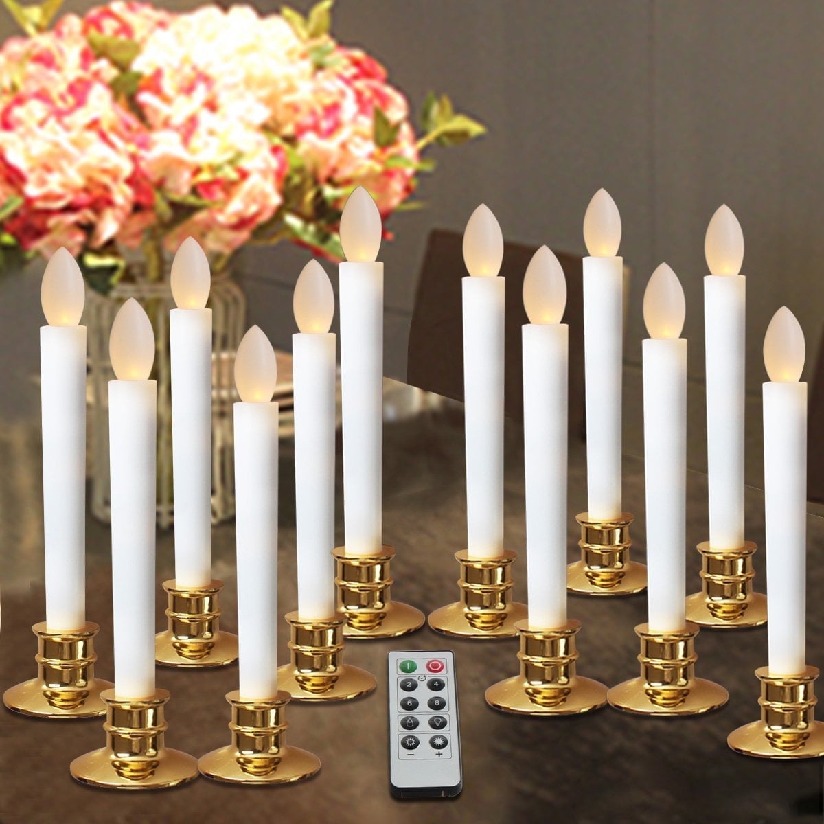 12 PCS LED Window Candles with Remote Timer Battery Operated Flameless Taper Christmas Candles Light with Gold Base Flickering
