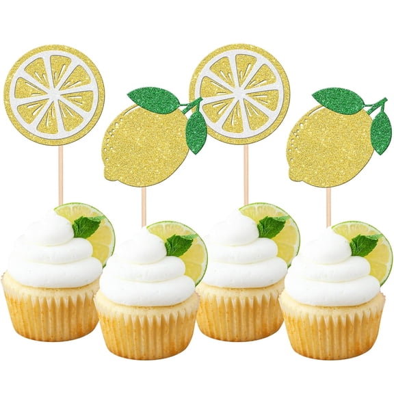 12 PCS Lemon Slice Cupcake Toppers, Glitter Gold Picks for Summer Fruit Themed Birthday Party Decorations