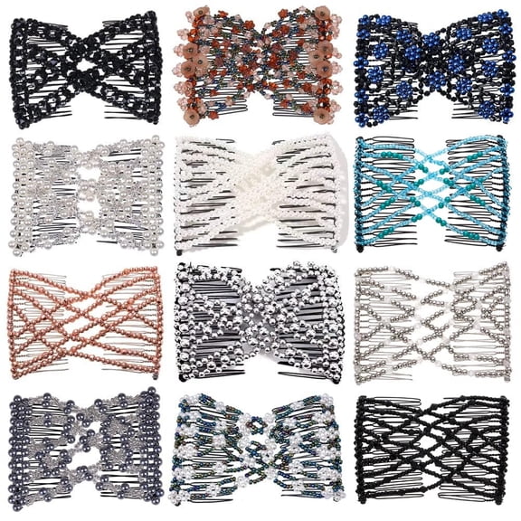 12 PCS Magic Hair Side Combs Beaded Stretch Double Hair Side Combs Clips Bun Maker Hair Pins Hair Accessories for Women Curly Thick Wavy Hair Ponytail (Random Styles and Colors)