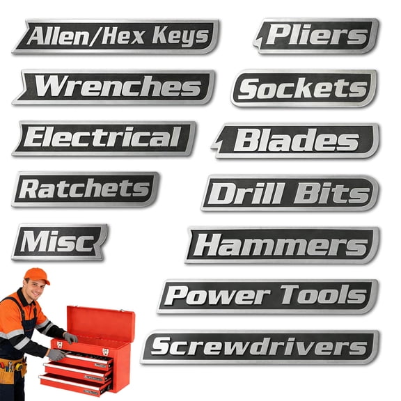 12 PCS Magnetic Toolbox Labels, Newly Upgraded Toolbox Magnetic Labels, General Tool Box Organize Accessories, Reusable Magnetic Tags Suitable for Steel Toolboxes, Garages and Carts