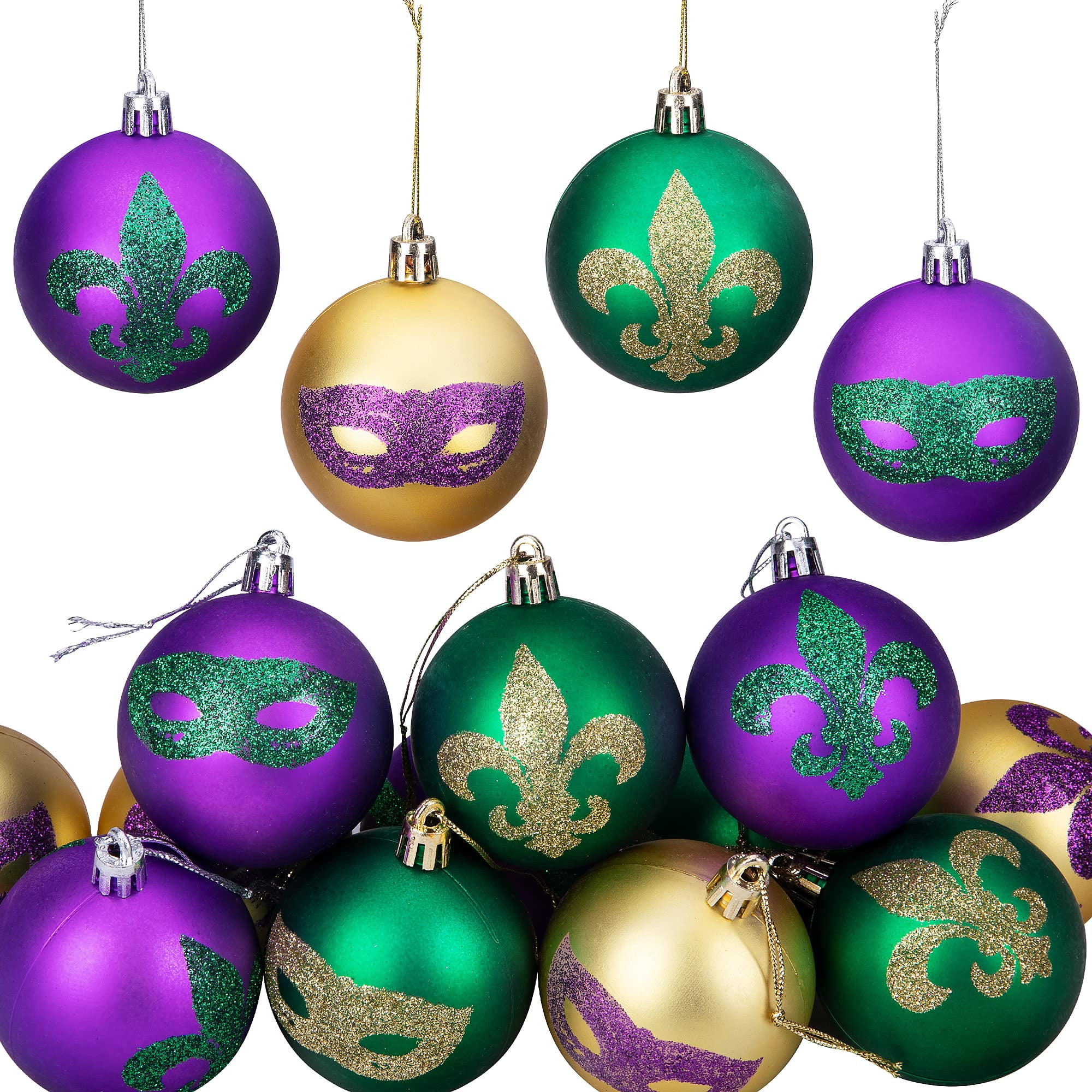 62 Pack of Green, Purple, and Gold Assorted Ornaments