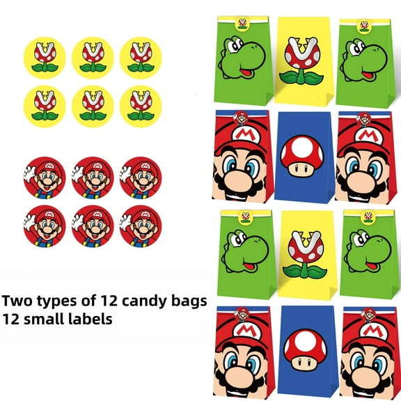 12 PCS Mario Kraft Paper Goodie Bag Small Gift Bags for Mario Party Supplies,Kids Birthday Game Party Kraft Paper Goodie Gift Bag Decorations