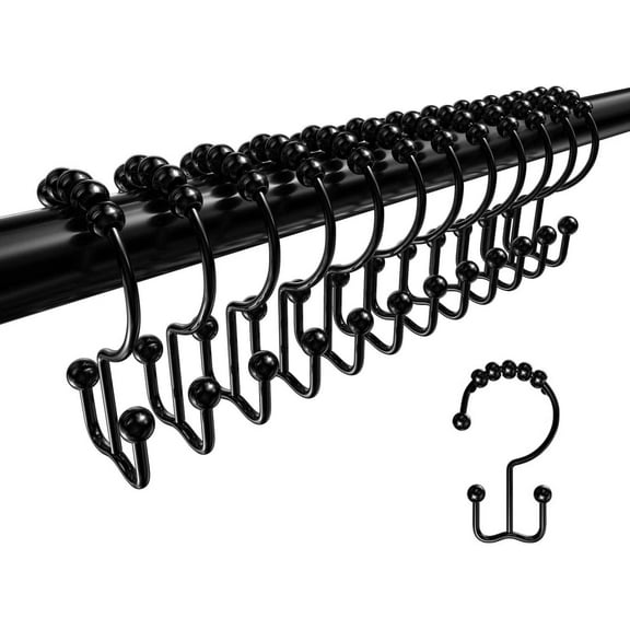 12 PCS Matte Black Shower Curtain Hooks Rings,Double Shower Curtain Hooks,Metal Smooth Shower Hooks,Stainless Steel RustProof Hook for Shower Poles,Roller Balls Glide on Shower Rods