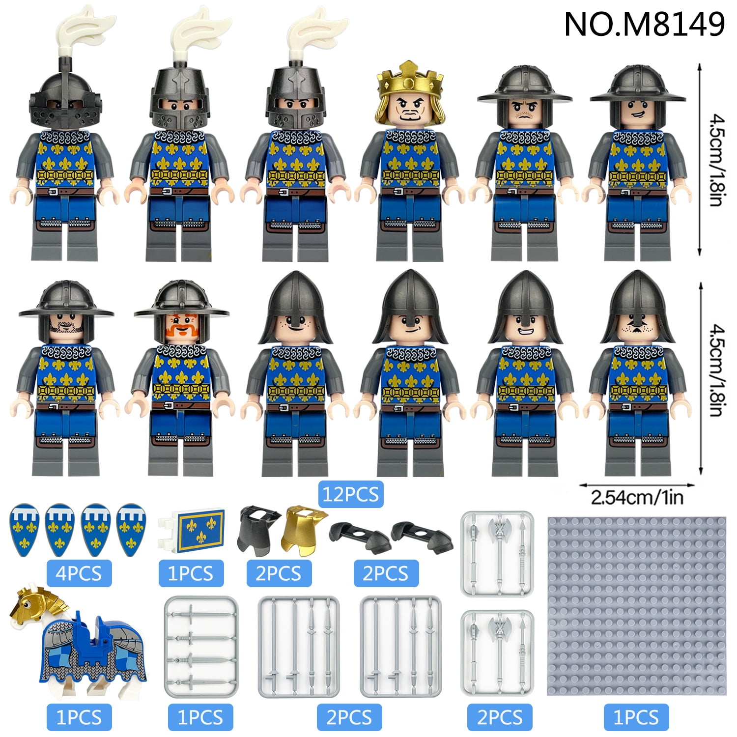 12 PCS Medieval Knights Corps Characters Toys Set, Golden Crown Blue