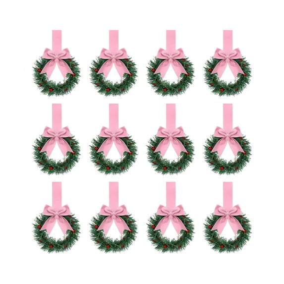 12 PCS Mini Wreaths for Cabinets Christmas Wreath Decorations, Christmas Kitchen Cabinet Wreaths with Berry & Red Velvet Bow Ribbon Mini Xmas Hanging Garlands for Window Door Home Decor