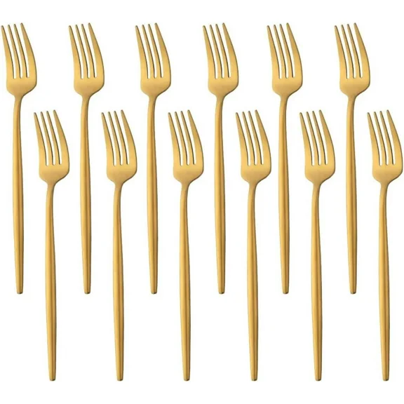 12 PCS Modern Stainless Steel Dinnerware Flatware Set, Reusable Popular Dinner Fork, Widely Use on Home, Restaurant, Party, 8.6 Inch, Gold