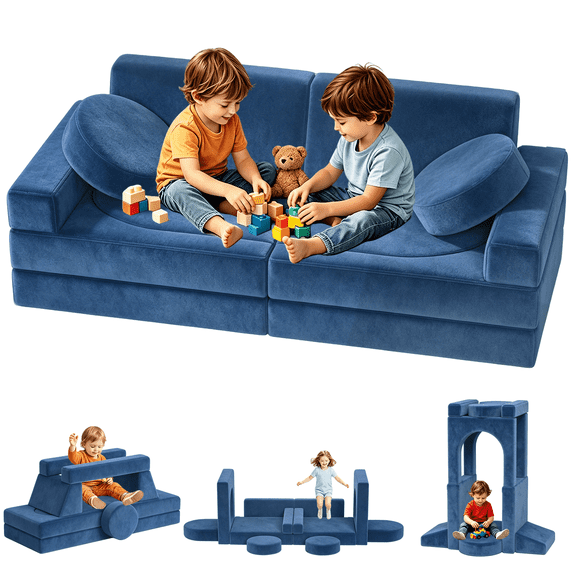 12 PCS Modular Kids Play Couch, Foam Toddler Sofa & Kids Couch Playset, Buildable Play Couch for Playroom, Living Room, Blue