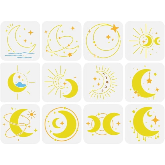 12 PCS Moon Stencil for Painting 5.9x5.9inch Sun Moon Star Decorative Stencil Moon Phase Painting Stencil Fantasy Moon Pattern Stencil