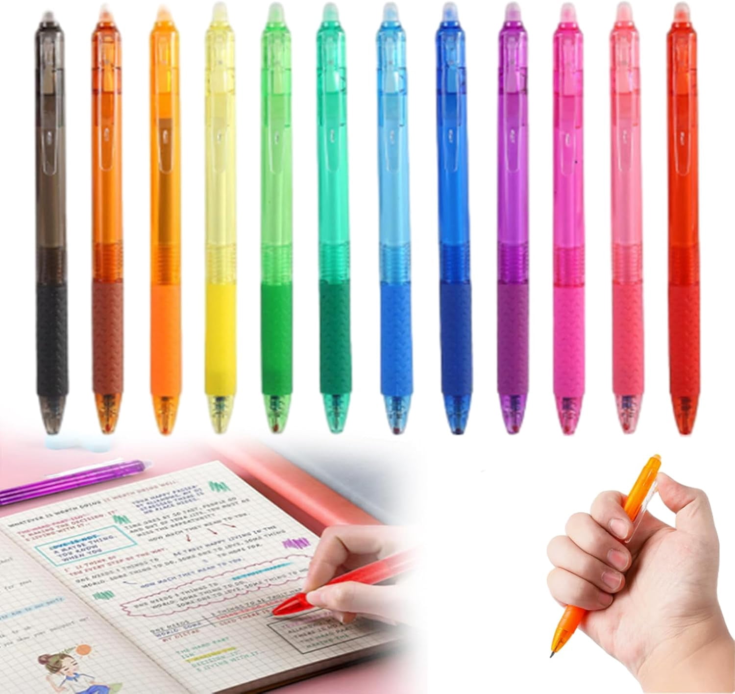 12 PCS Multi-color Erasable Gel Pens, Erasable Colored Pens, 0.7mm Retractable Friction Erasable Pen, Smooth-Flowing Retractable Erasable Design, Fine Point 0.7mm for Note, Planner, Drawing