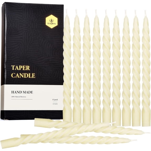 12 PCS Natural Beeswax Spiral Taper Candles Bulk - Organic Dripless Long Candle Sticks for Dinner Wedding Party Christmas Home Decorations - 10 Inch Tall - Off White