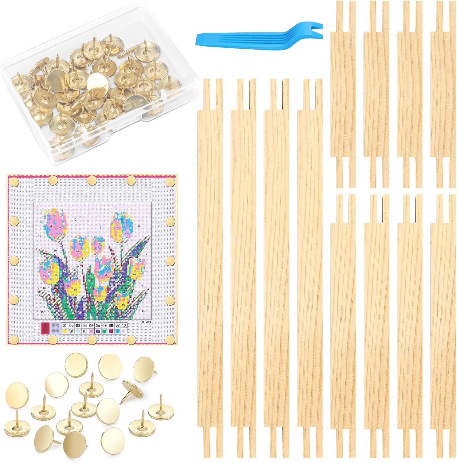 12 PCS Needlepoint Stretcher Bars 3 Sizes Stretcher Bars for Needlework with 40 Thumb Tacks Remover Wooden Canvas Art Supplies Stitch Frame Set for Needlepoint Embroidery Bundle with Crafts