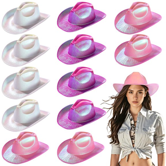 12 PCS Neon Gradient Cowboy Hats for Women, Light-Up Fluorescent Wide Brim Hats, Pearl Shiny Finish, Adjustable String, Party and Event Costume Accessory