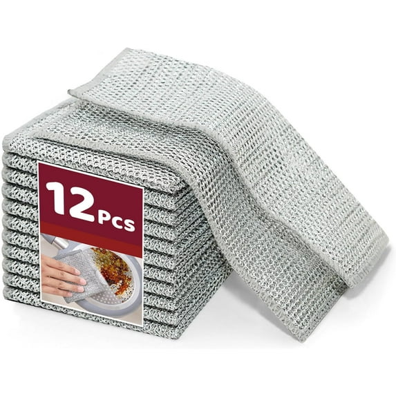 12 PCS Non-Scratch Wire Dishcloths - Metal Dish Cloth with Double Layer Multipurpose Steel Wrie Diswashing Rag for Washing Dishes & Stainless Steel, Cleaning Towels Wipes for Kitchen