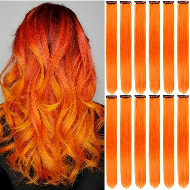 12 PCS Orange Hair Extensions Clip in 22 inch Colored Party Synthetic Neon Highlights Extensions Rainbow Hair Accessories for Girls Women Kids Hair Pieces Orange Walmart