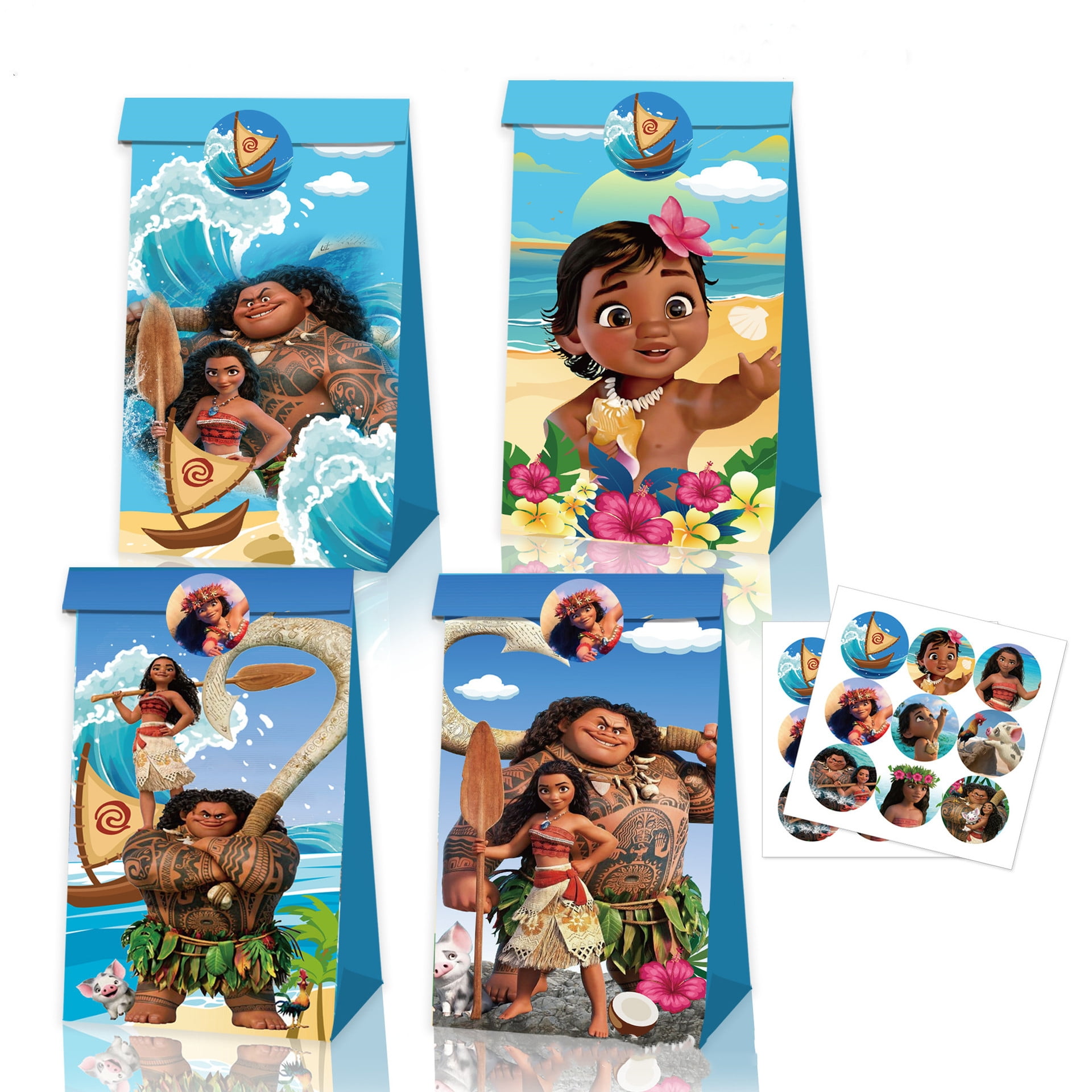 12 PCS Party Favor Candy Bags for Baby Moana Themed Birthday Supplies Decor Kraft Paper Gift Bag.