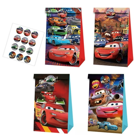 12 PCS Party Favor Candy Bags for Cars Cartoon Themed Birthday Supplies Decor Kraft Paper Gift Bag.