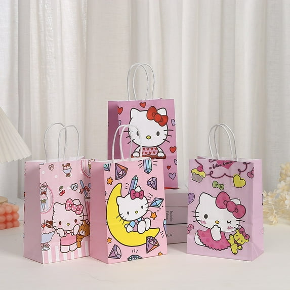 Kenvfego Party Favor Candy Bags for Kitty White Cartoon Themed Birthday Supplies Decor, 12 Piece