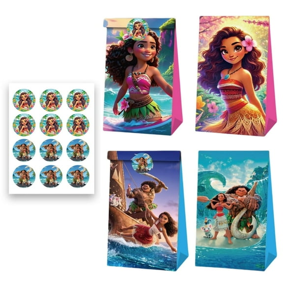 12 PCS Party Favor Candy Bags for Moana Themed Birthday Supplies Decor Kraft Paper Gift Bag.