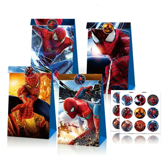 12 PCS Party Favor Candy Bags for SpiderMan Themed Birthday Supplies Decor Kraft Paper Gift Bag.