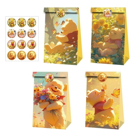 12 PCS Party Favor Candy Bags for Winnie the Pooh Themed Birthday Supplies Decor Kraft Paper Gift Bag.