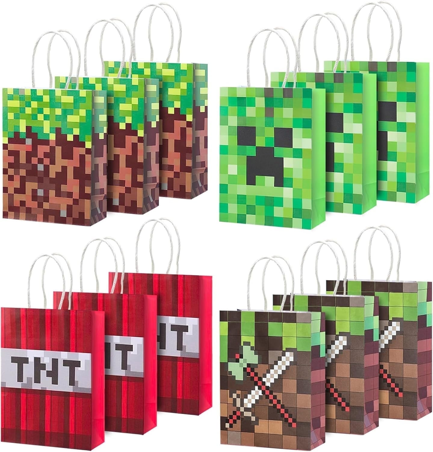 12 PCS Party Favor Gift Bags Pixel Mining Gift Bags Pixel Style Gamer Party Supplies Minecraft Gift Bags