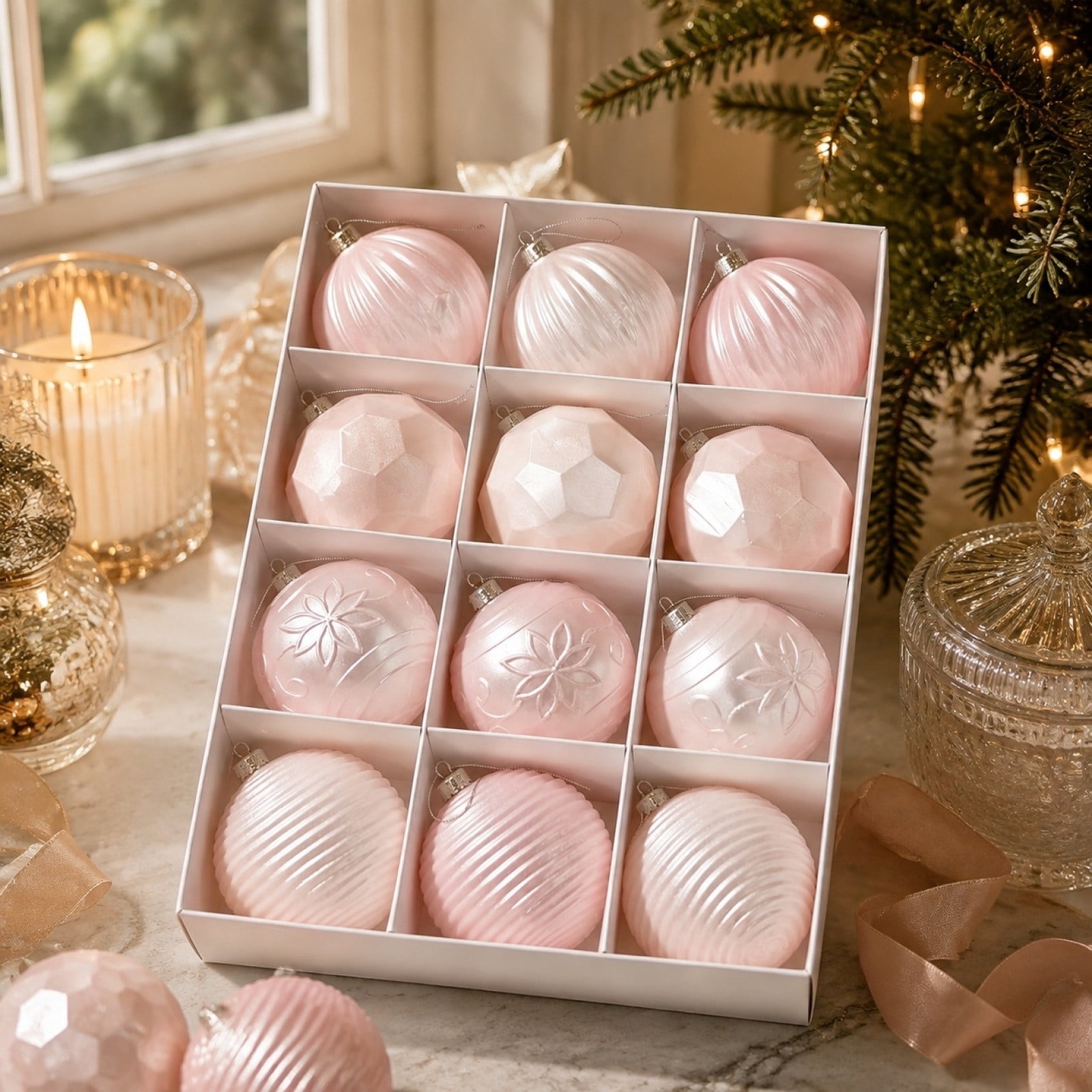 12 PCS Pastel Pink Christmas Ball Ornament Set 3.15 Inch Assorted ...