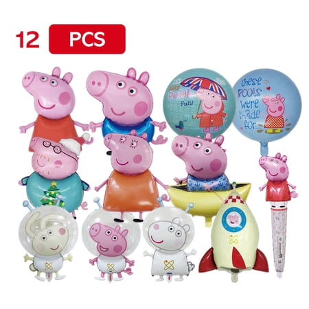 12 PCS Pig Family Foil Balloons, Pig Family Birthday Party Supplies
