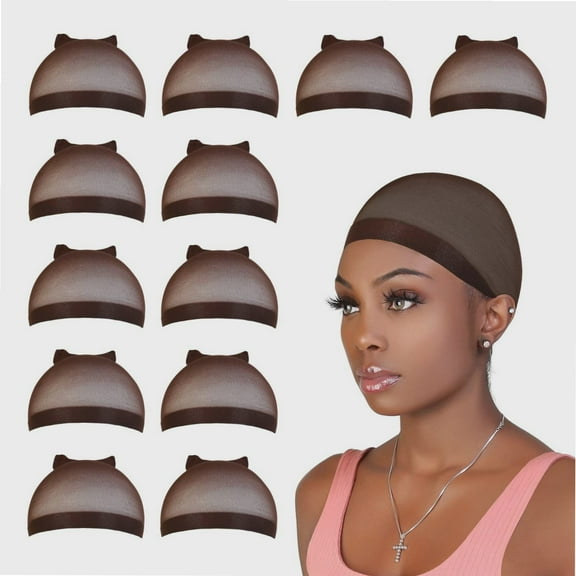 12 PCS! Perfect Fit Ultra Thin & Expandable Stocking Wig Cap, Each pack contains 2 wig caps (6 pack, Dark Brown)