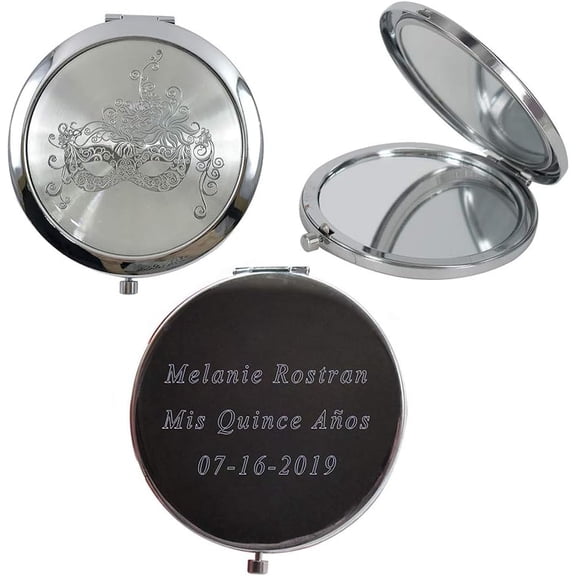 12 PCS Personalized Silver Masquerade Mask Compact Mirrors Quinceanera Party Favor Sweet 15, 18 Birthday, Sweet 16