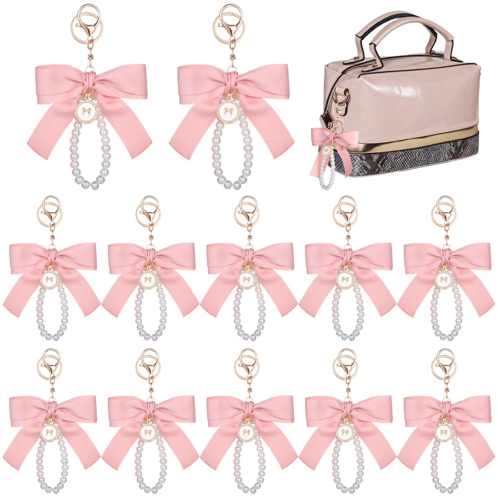 12 PCS Pink Bow Keychains, Coquette Keychains with Pearl Decoration, Cheer Bow Keychains, Pink Fabric Bow Zinc Alloy Keychain Bulk for Bags, Keys, Accessories