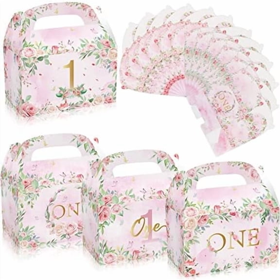 12 PCS Pink Floral 1st Birthday Favor Boxes - Girl Birthday Party Decorations, Flowers Bags for Baby Shower Party Supplies