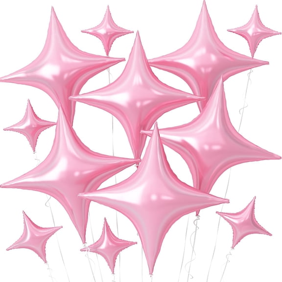 12 PCS Pink Four Point Star Foil Balloons, 26 and 10 Inch Quadrangle Star Balloons with Straw for Birthday Anniversary Bridal Shower Wedding Party Decorations