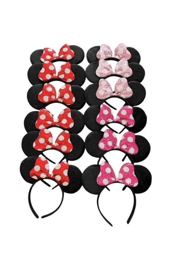12 PCS Pink red color polka dot sequin Mouse Ears Headbands for Birthday Party Theme Park Costume Play Celebration