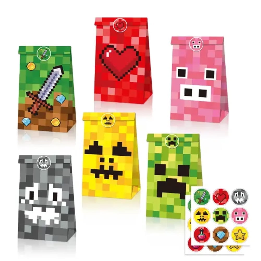 12 PCS Pixel Mining Gift Bags Pixel Style Gamer Party Supplies Minecraft Gift Bags Birthday Party Favor Bags