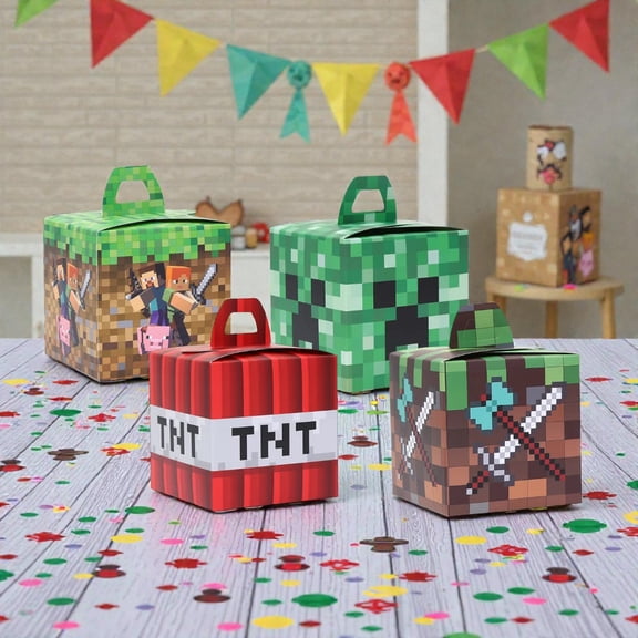 12 PCS Pixel Mining Gift Boxes 4 inch Pixel Style Gamer Party Supplies Minecraft Gift Box Birthday Party Favor Boxes