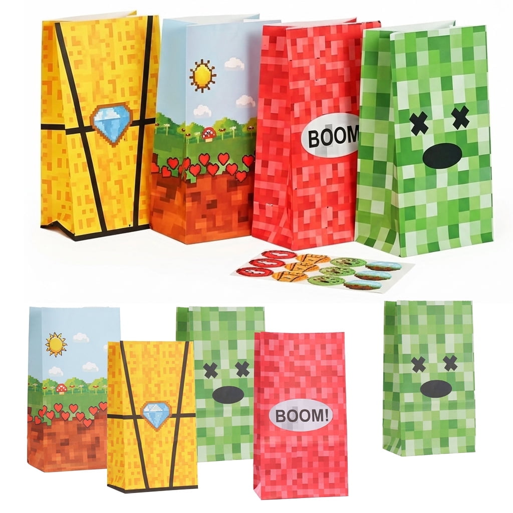 12 PCS Pixel Style Gamer Party Bags Pixel Mining Gift Bags Minecraft Gift Bags Birthday Party Favor Bags